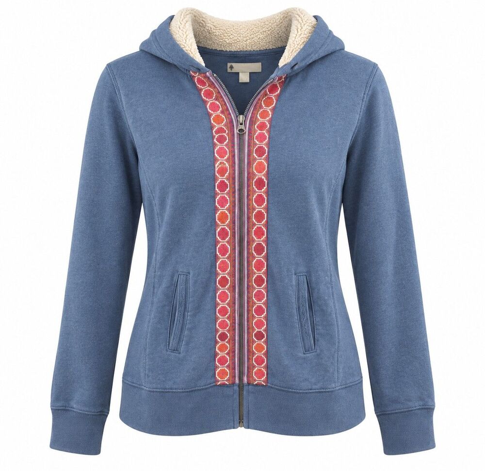 Boho Aztec Embroidered Sherpa Hoodie Lucky Brand Blue Full Zip Vintage XL